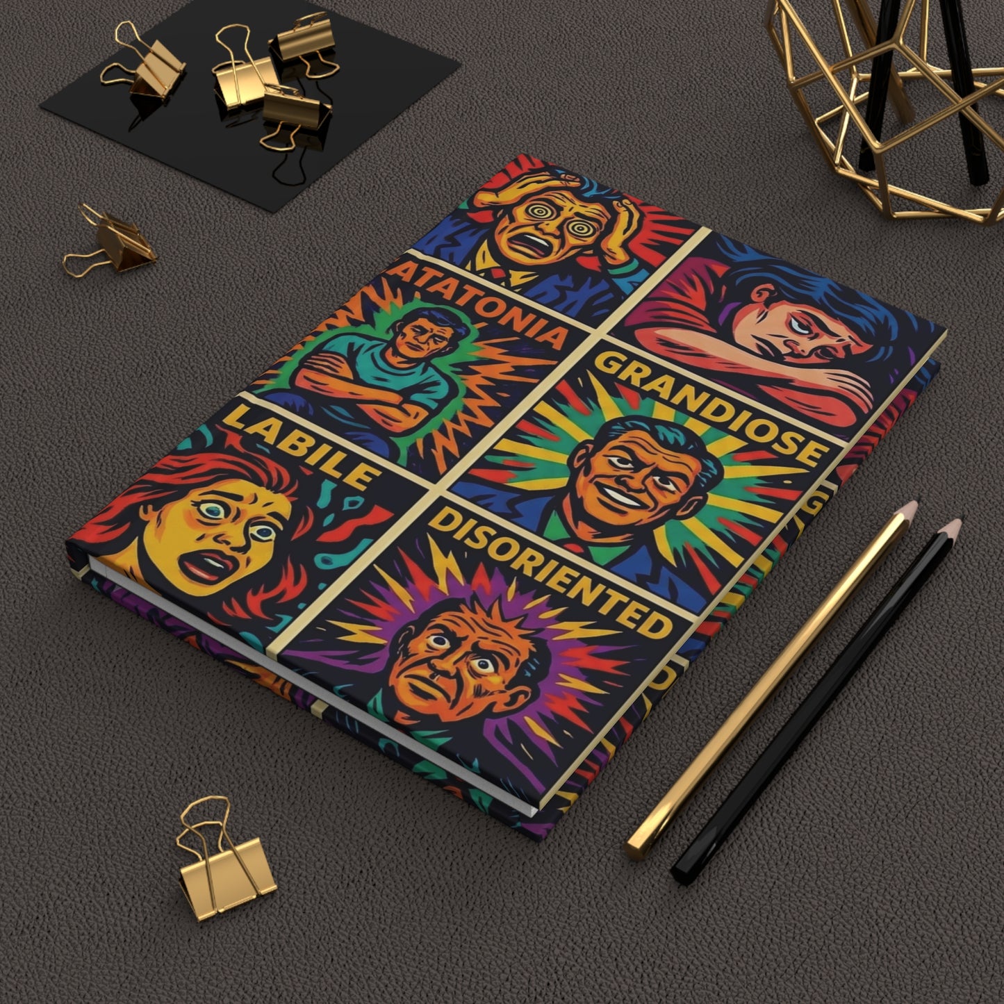 Mental Health Symptoms Hardcover Journal — Vintage Psychosis Illustration Notebook
