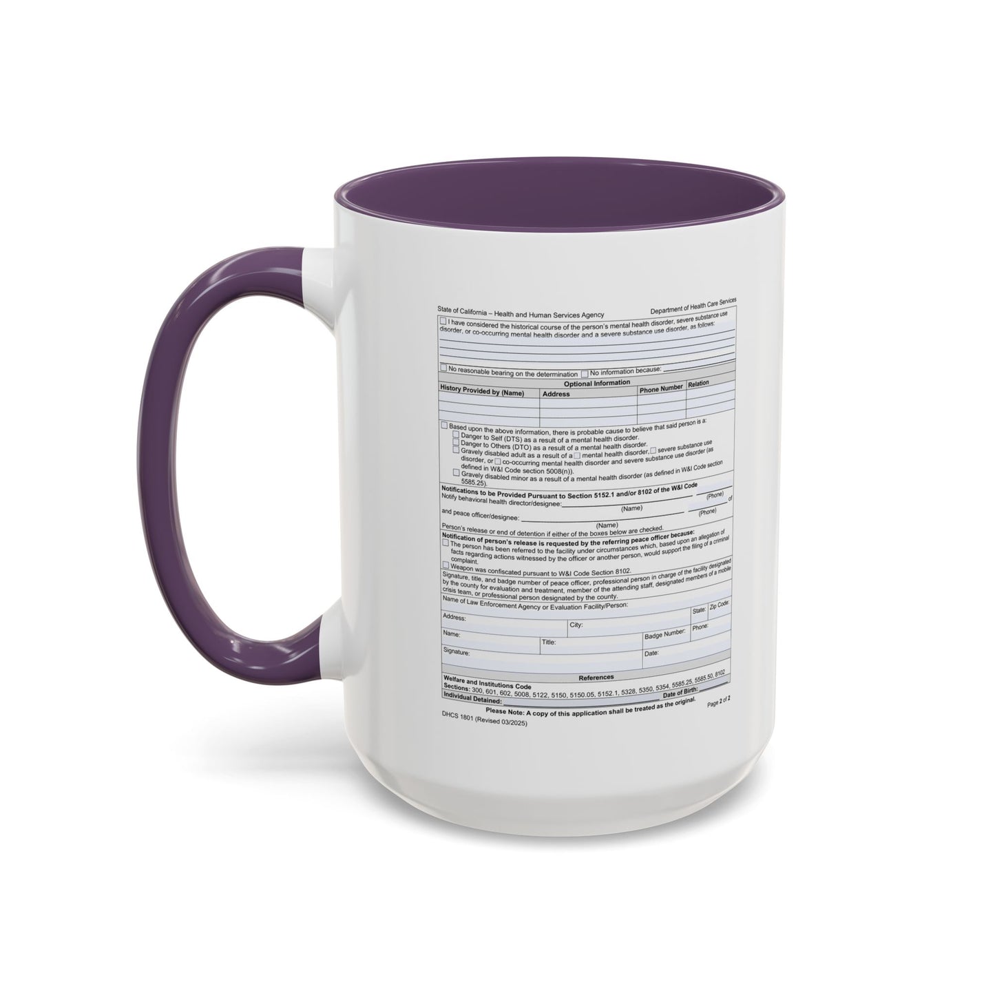 Coffee Mug with California WIC 5150 criteria — Novelty Accent Mug (11/15 oz)