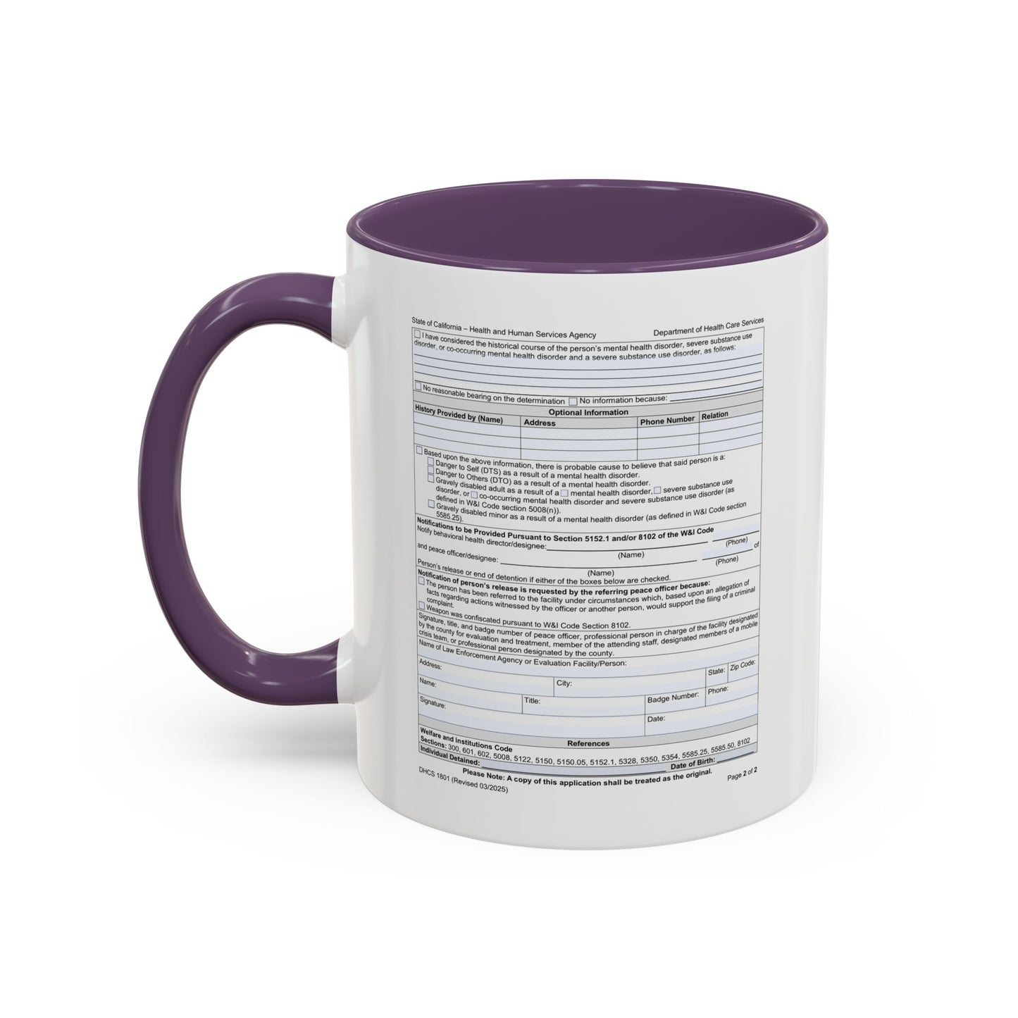 Coffee Mug with California WIC 5150 criteria — Novelty Accent Mug (11/15 oz)