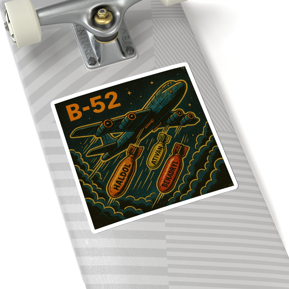B-52 Retro Bomber Sticker — Vintage Plane with Haldol, Ativan & Benadryl Bombs