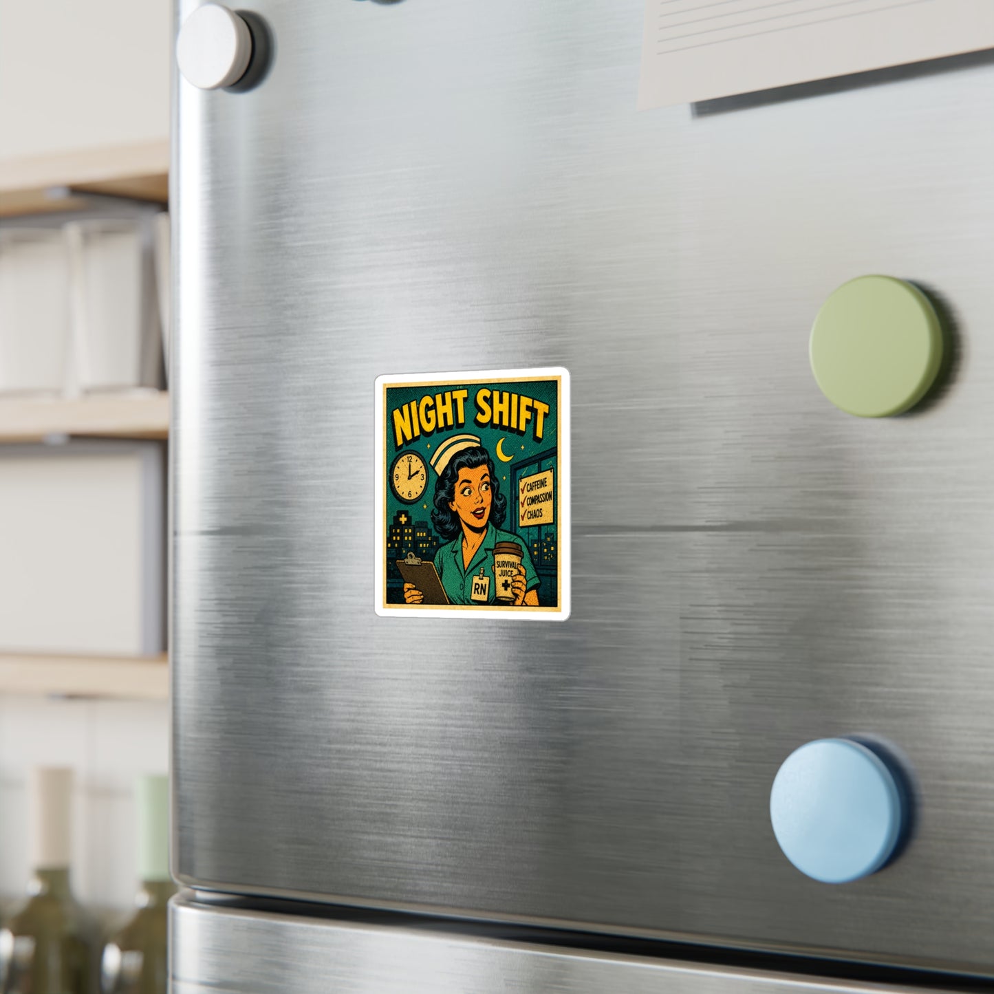 Night Shift Nurse Sticker — Retro Vinyl Decal (RN "Survival Juice")