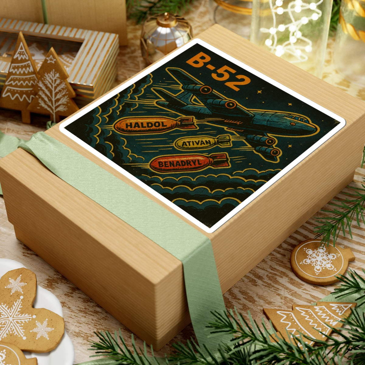 B-52 Retro Bomber Sticker — Vintage Plane with Haldol, Ativan & Benadryl Bombs