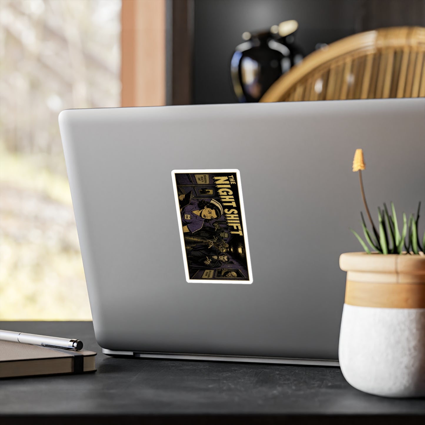 Night Shift Vinyl Sticker — Retro Nurse Horror Kiss-Cut Decal