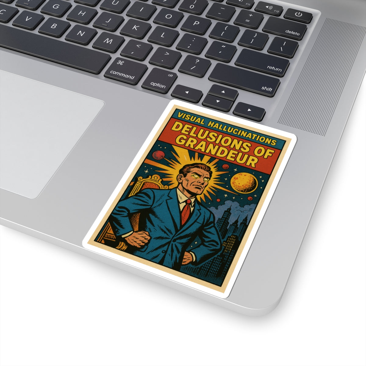 Delusions of Grandeur Sticker — Vintage Comic Businessman Laptop Decal