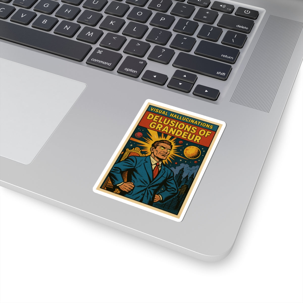 Delusions of Grandeur Sticker — Vintage Comic Businessman Laptop Decal