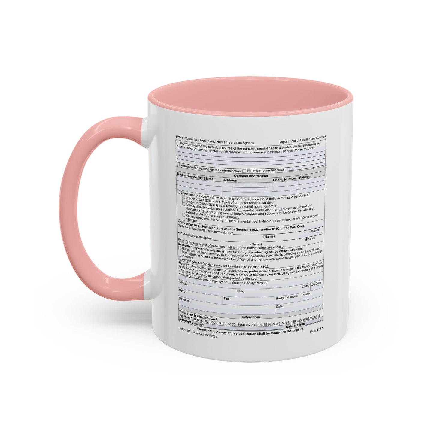Coffee Mug with California WIC 5150 criteria — Novelty Accent Mug (11/15 oz)