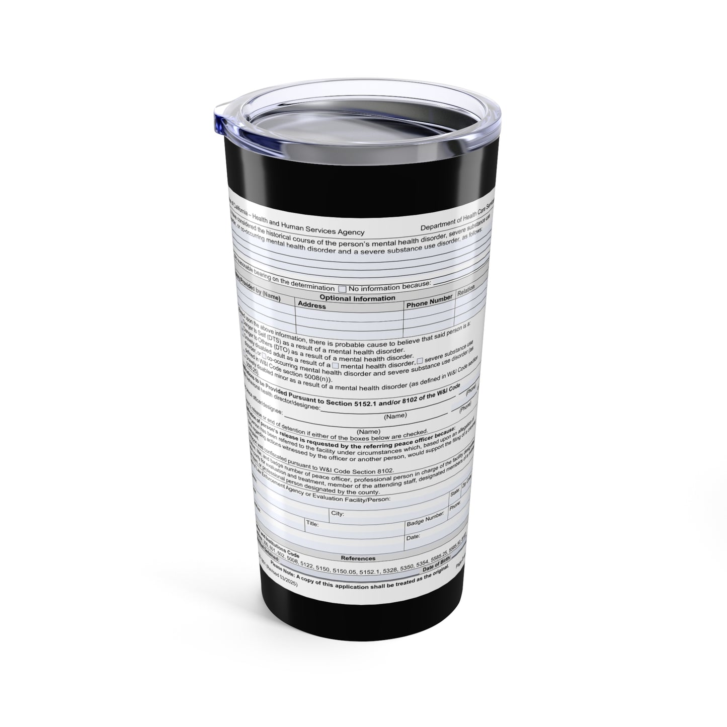 5150 Code Tumbler — Funny Psychiatric Field 20oz Travel Mug