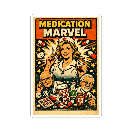 Medication Marvel Sticker — Retro Nurse Comic Kiss-Cut Decal