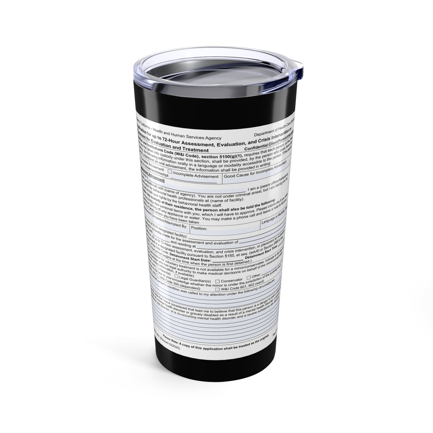 5150 Code Tumbler — Funny Psychiatric Field 20oz Travel Mug