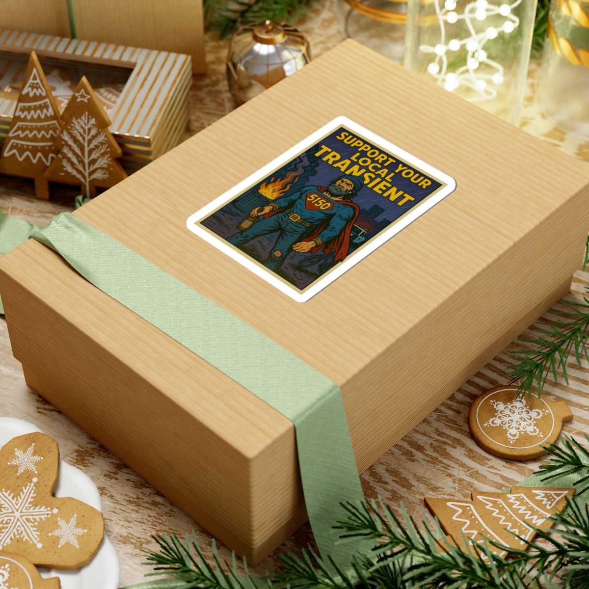 Ironic '5150' Homeless Superhero Sticker — Tongue-in-Cheek Kiss-Cut Sticker