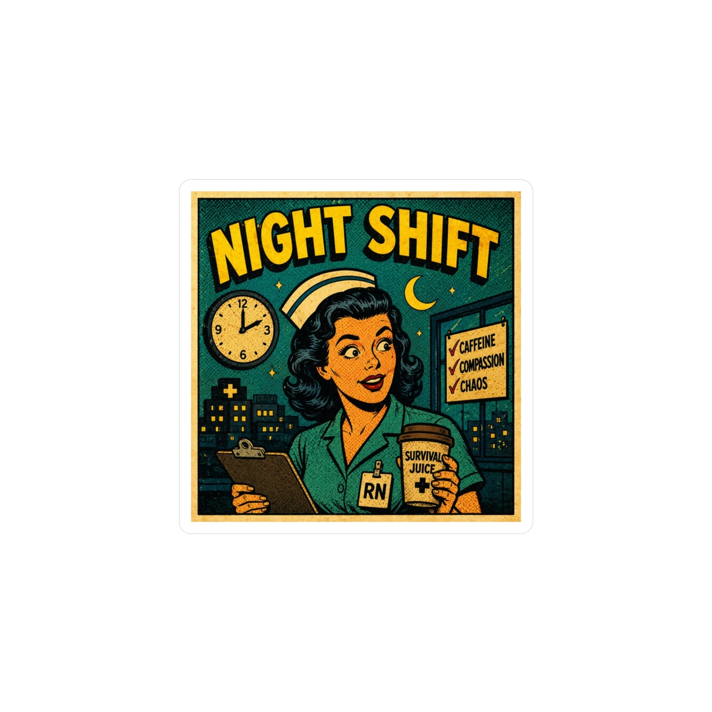 Night Shift Nurse Sticker — Retro Vinyl Decal (RN "Survival Juice")