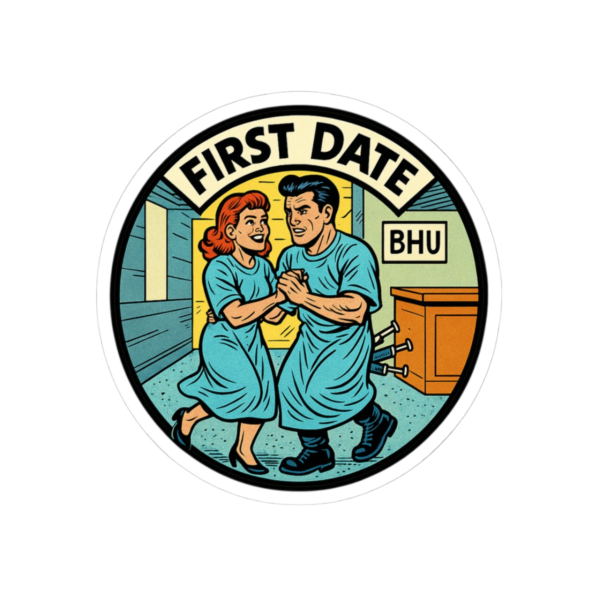 First Date Behavioral Health Comic-Style Sticker — Retro 1950s Nurse & Doctor Kiss-Cut