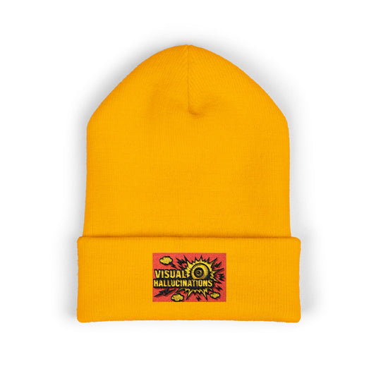 Embroidered Sunflower Patch Beanie — 'Visual' Graphic Cuffed Knit Hat
